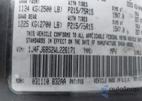 1998 Jeep Cherokee Classic/Sport из США, поврежденный, VIN 1J4FJ68S2WL226171